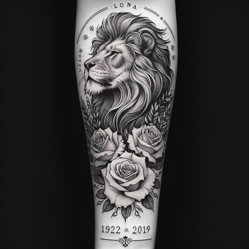 Lion Forearm Tattoo with Roses and Date
