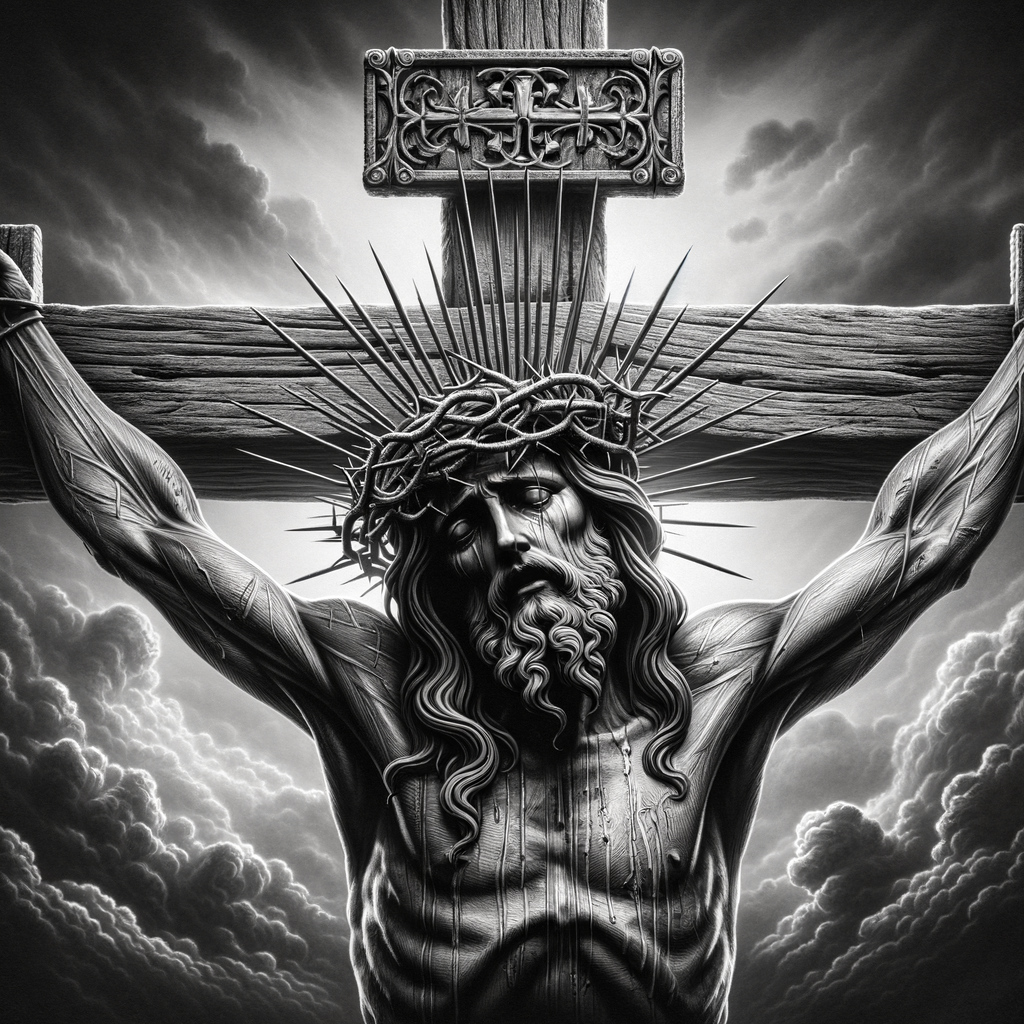 Symbolic Religious Figure Hanging on Cross with Thorns