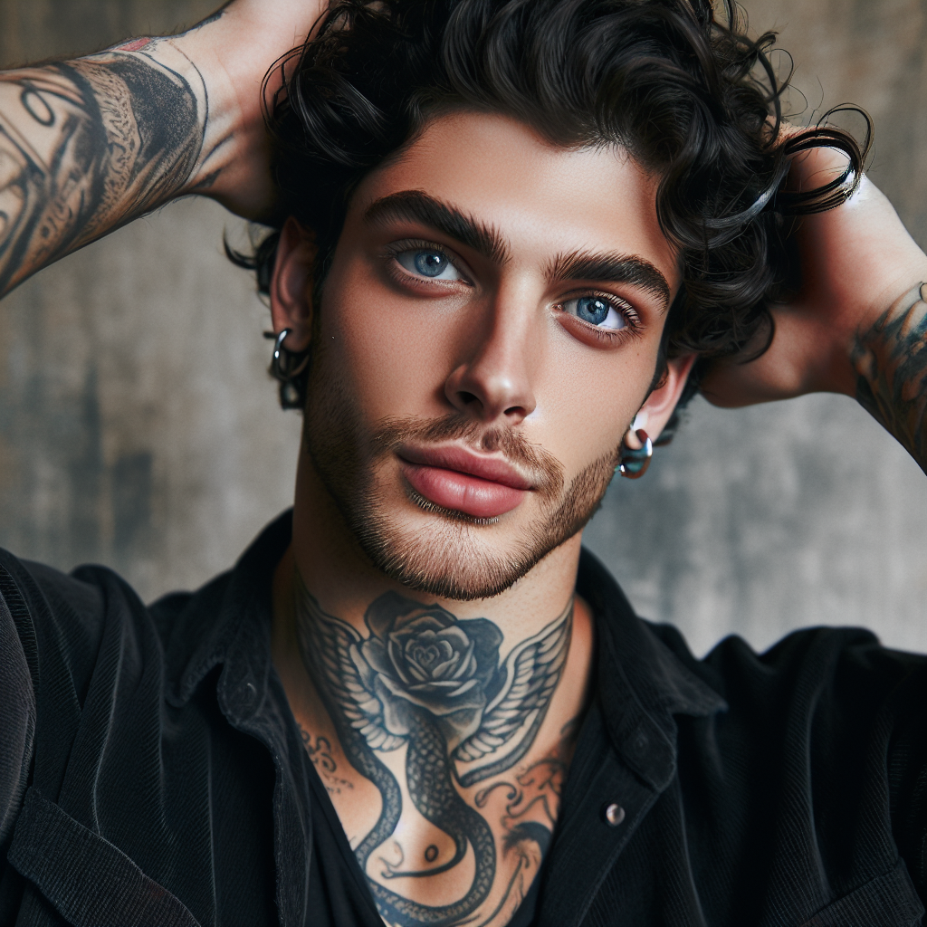 Tall Caucasian Man with Blue Eyes, Curly Black Hair and Tattoos
