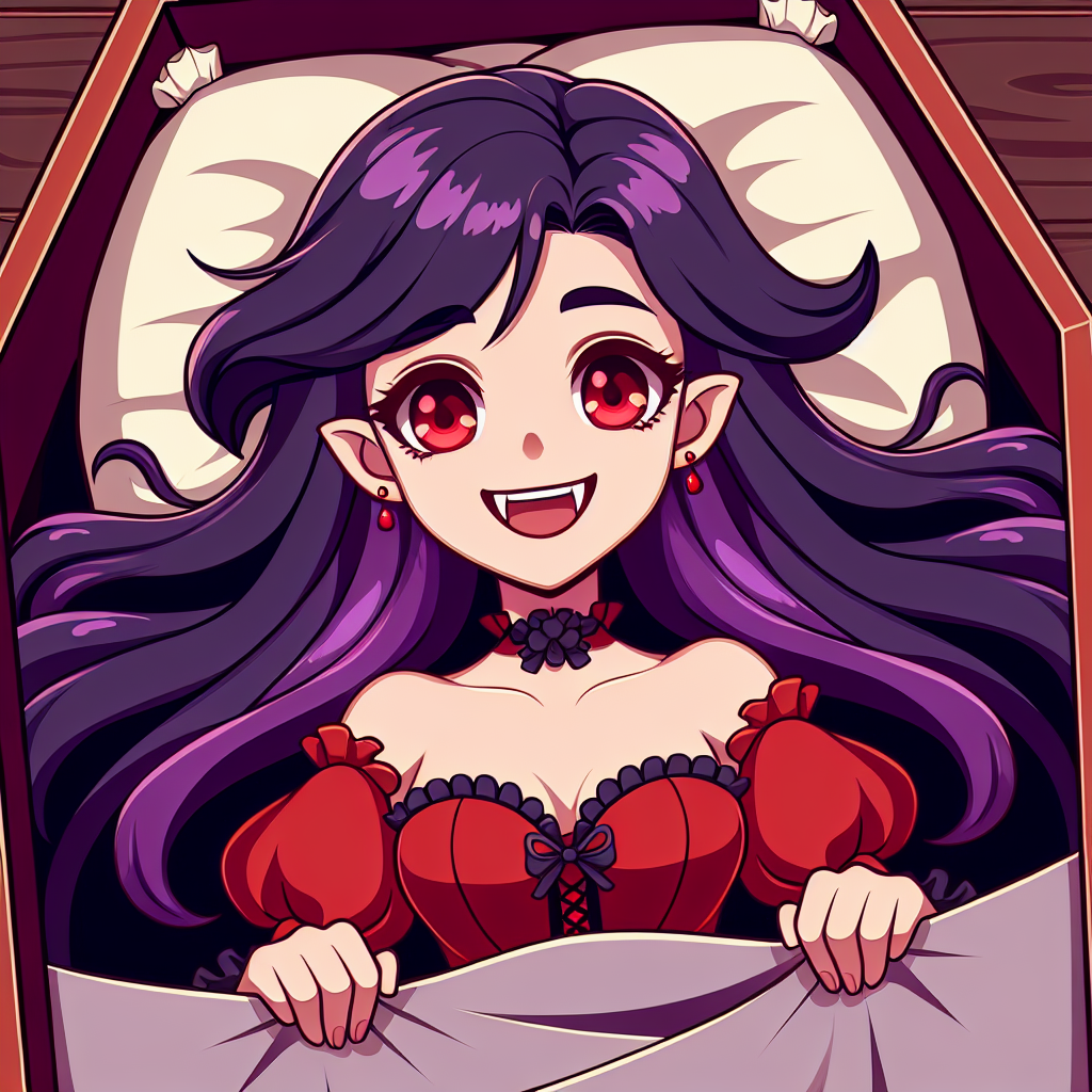 Cheerful Vampire Girl in Red Dress