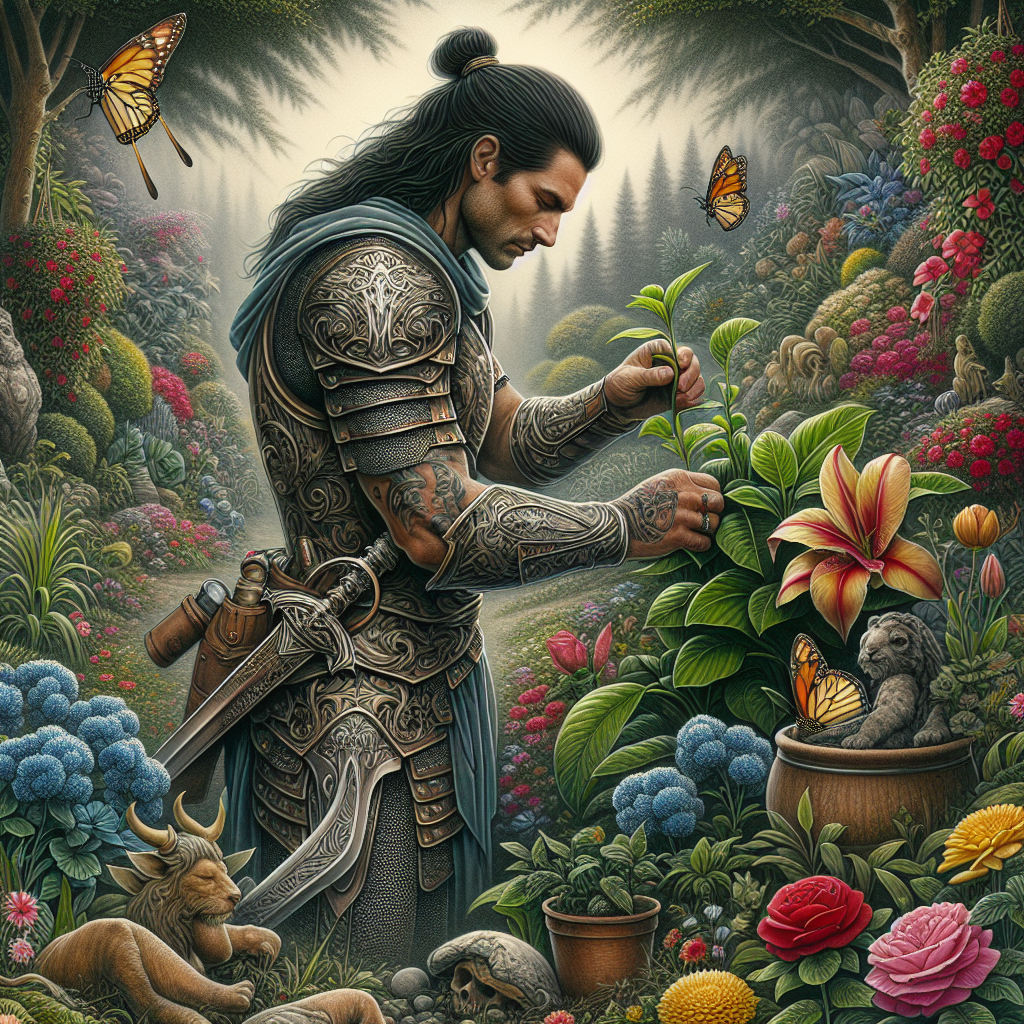 Male Warrior in Lush Garden Tattoo Design